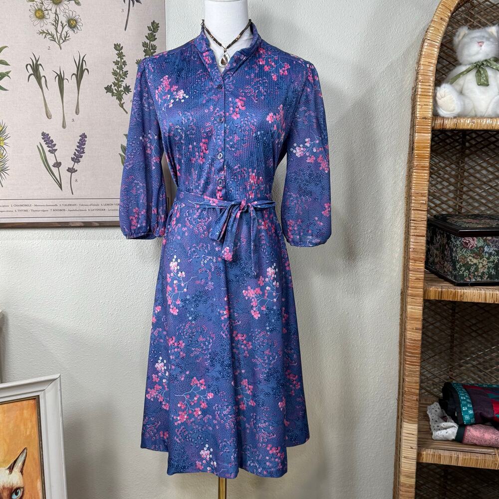 Vintage 70s 80s Purple Floral Cherry Blossom Belted Pleated Dress Retro Mod M 8